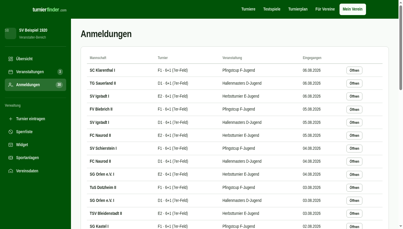 Anmeldungsliste mit Vereinen, Mannschaften und Status